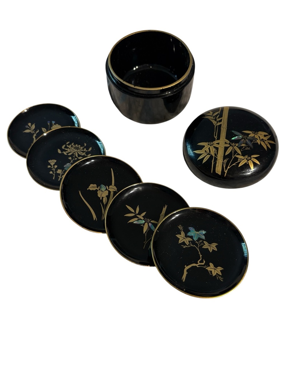Vintage Japanese Black Lacquerware Coaster Set - 6pc includes Lidded Box